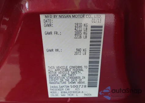 2013 Nissan Altima 2.5 S from USA, damaged, VIN 1N4AL3AP7DN500728